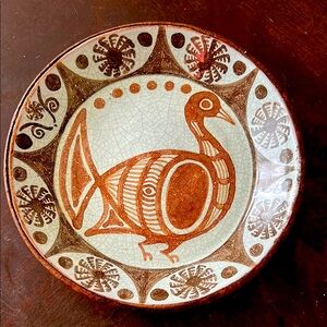 Vintage Ceramic Plate with Bird Design Leather Backing